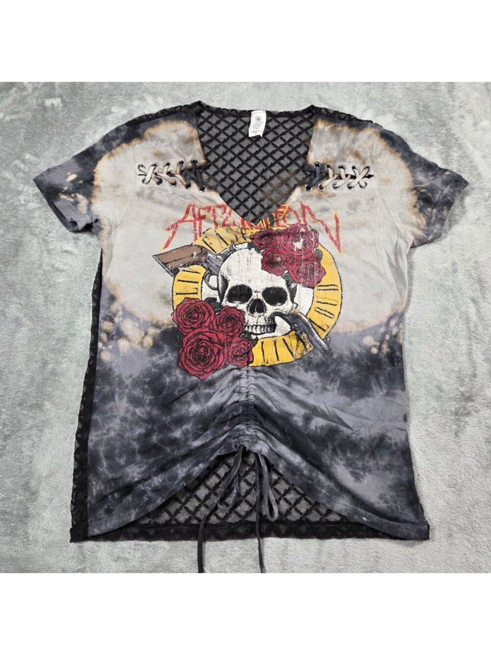 Affliction Top Womens S Black Gray Tie Dye Lace Back Skull Roses Gothic Grunge